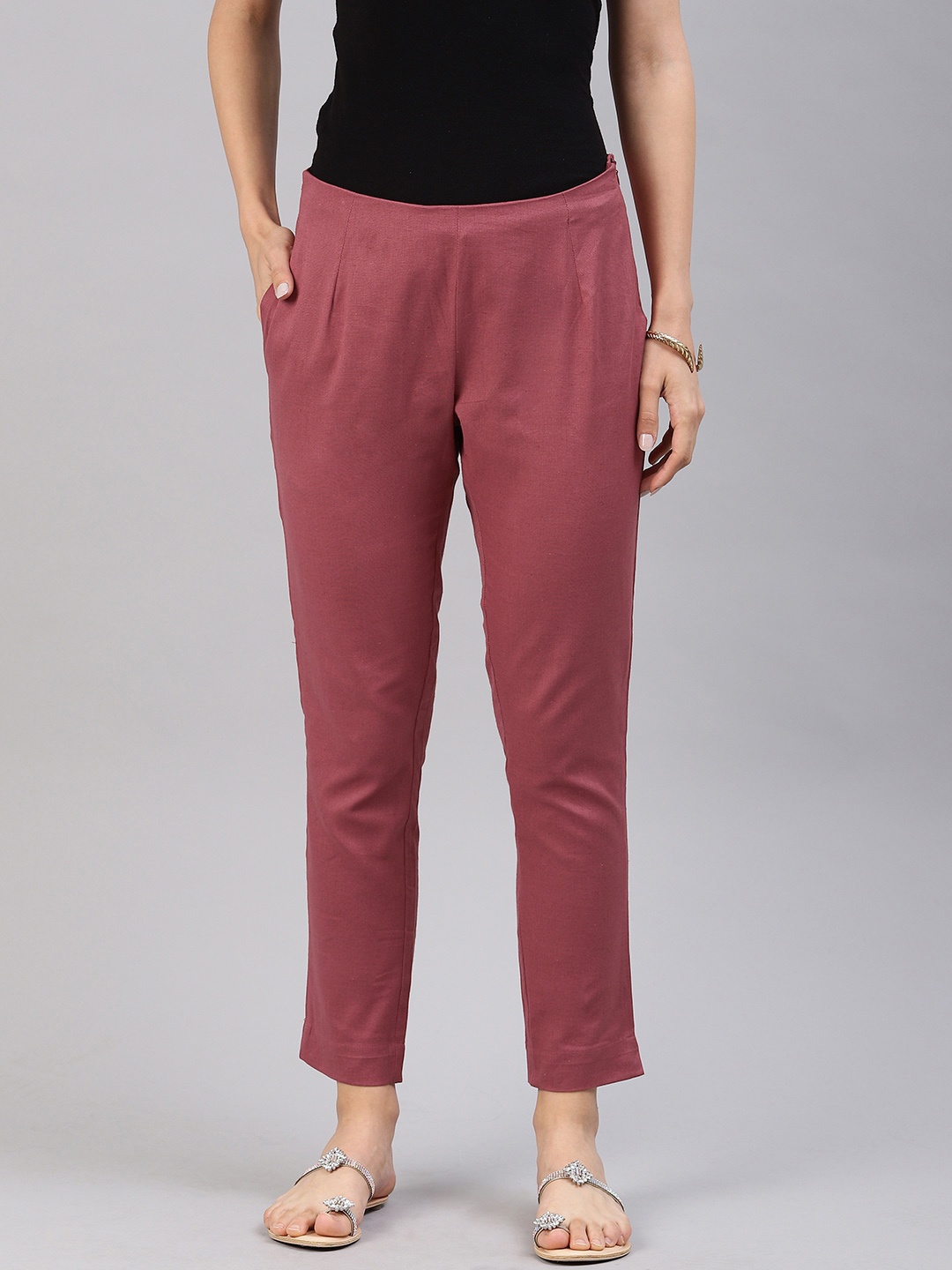 

Alena Women Pink Slim Fit Solid Linen Cigarette Trousers