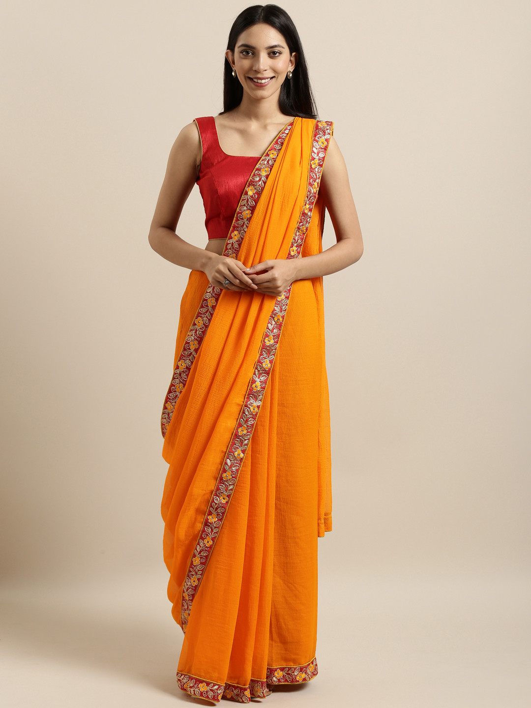 

Kalista Mustard Yellow & Red Poly Georgette Solid Saree