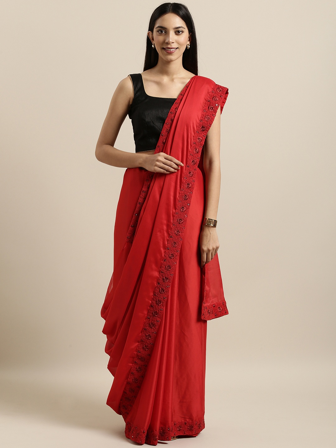 

Kalista Red Solid Poly Georgette Saree