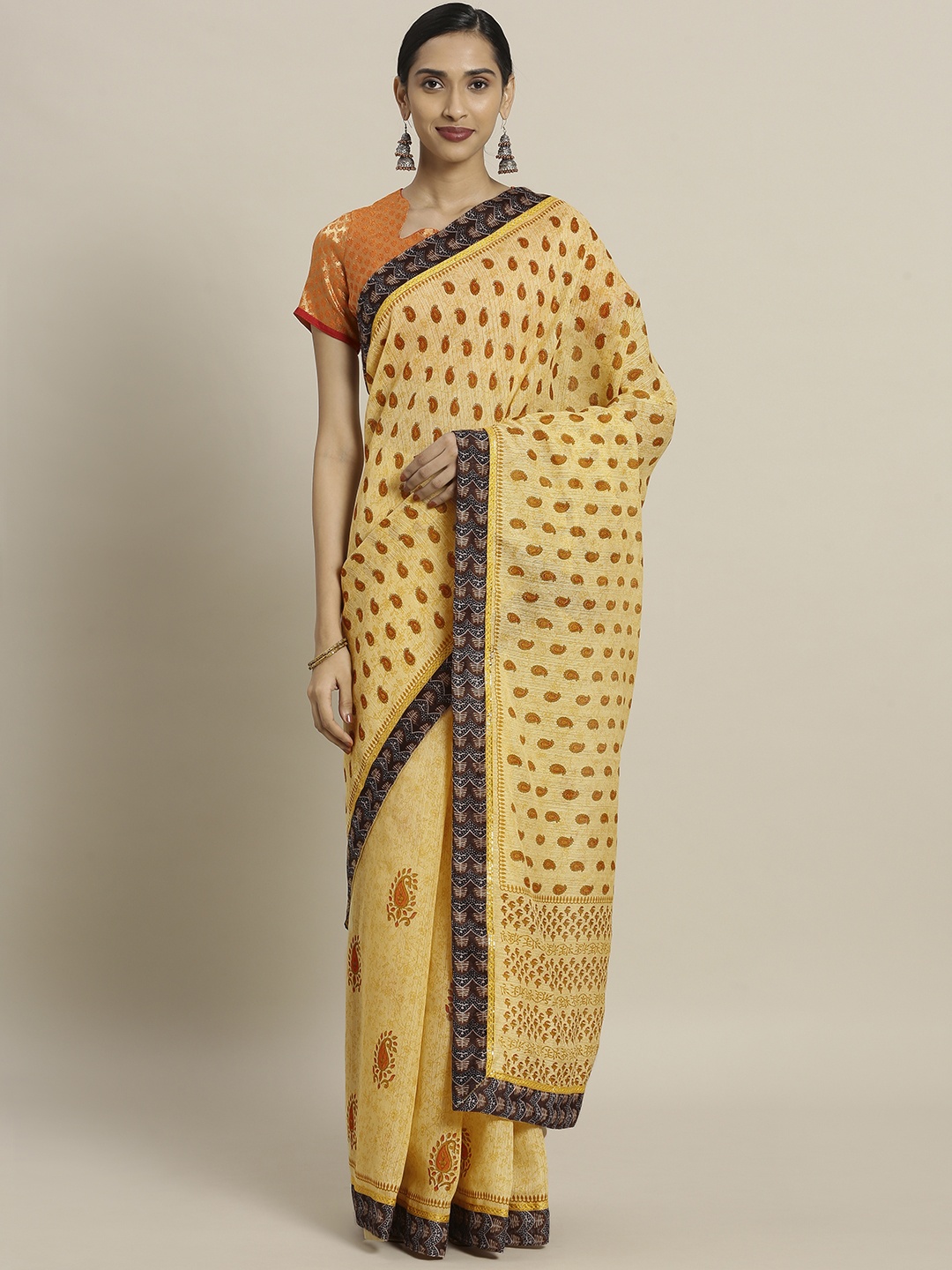 

Shaily Beige & Mustard Yellow Polycotton Printed Saree