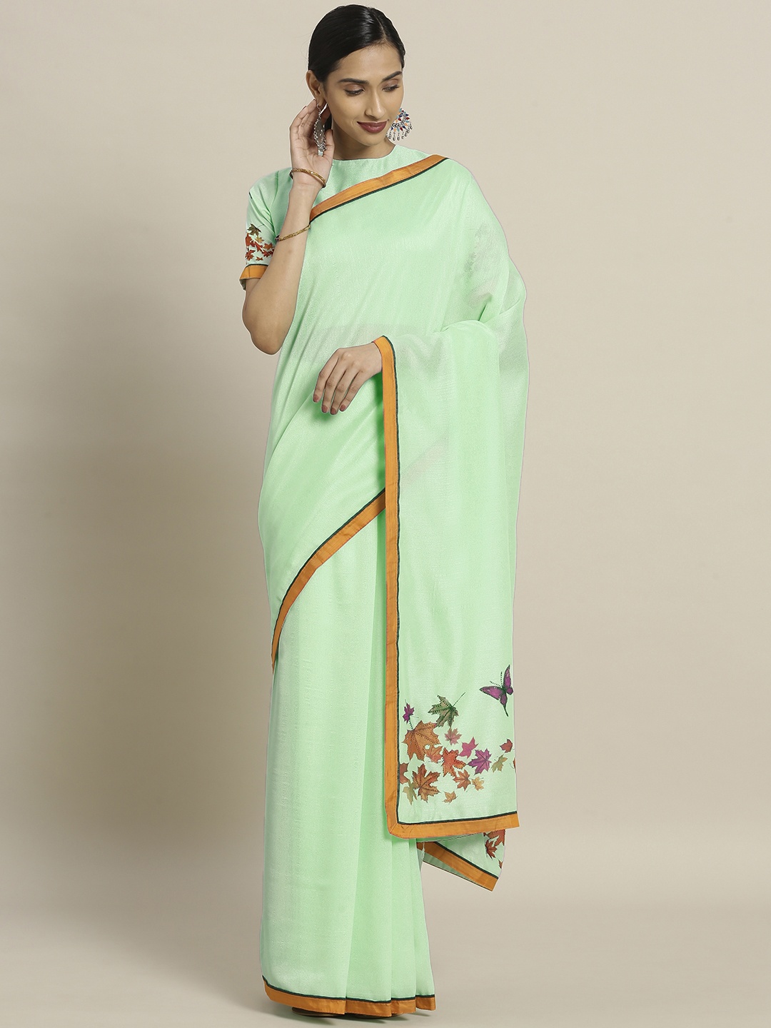 

Shaily Sea Green Solid Pure Georgette Saree