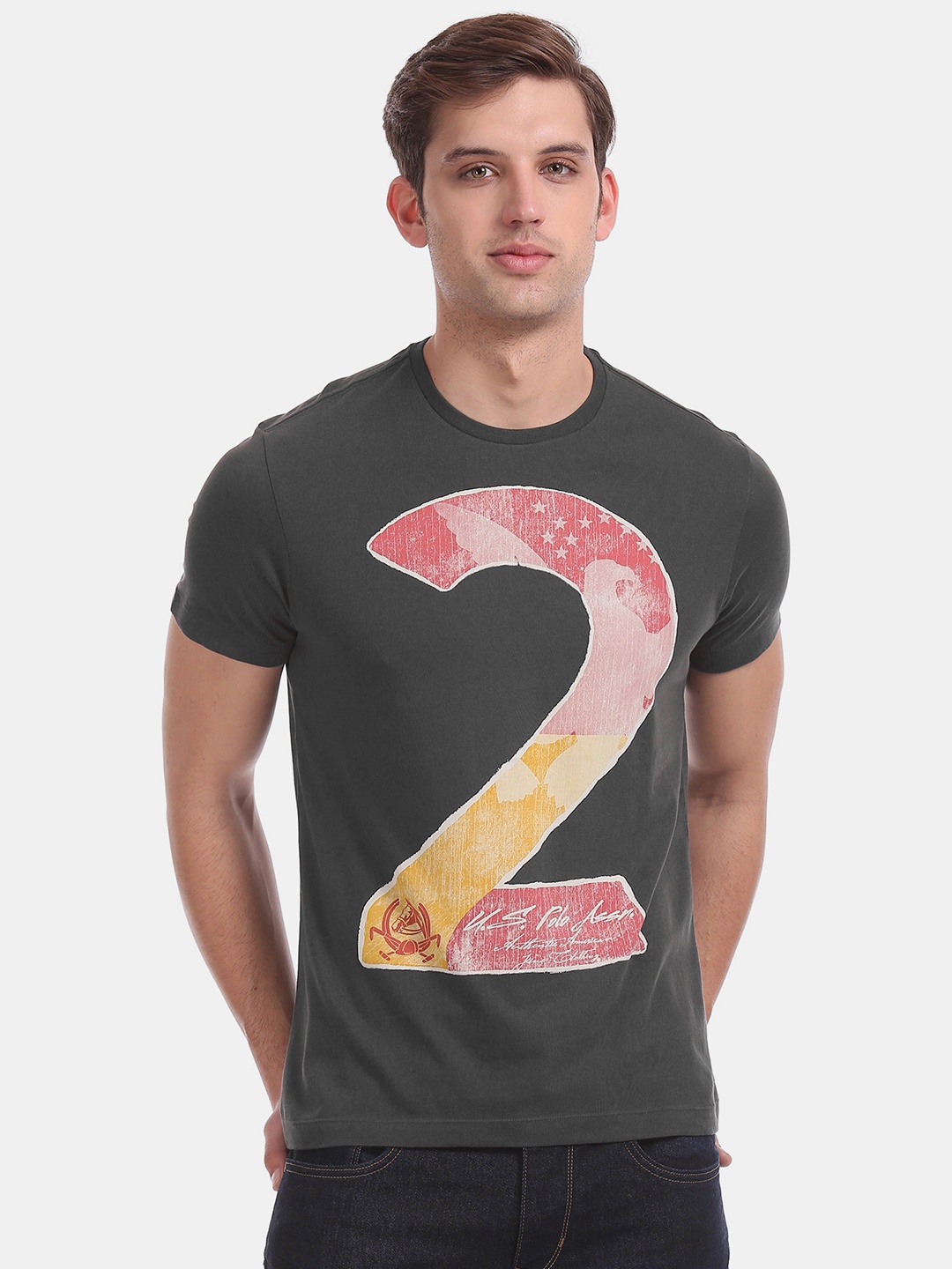 

U.S. Polo Assn. Denim Co. Men Charcoal Grey Printed Round Neck Pure Cotton T-shirt