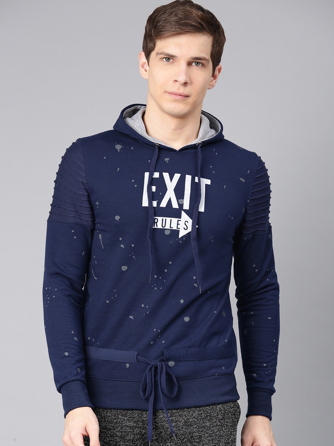 

Maniac Men Navy Blue & Grey Printed Hooded Pullover Sweatshirt