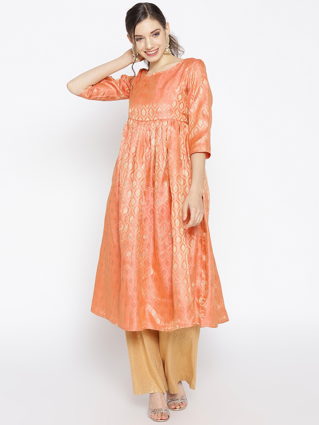 

HERE&NOW Women Peach-Coloured & Golden Woven Design Anarkali Kurta