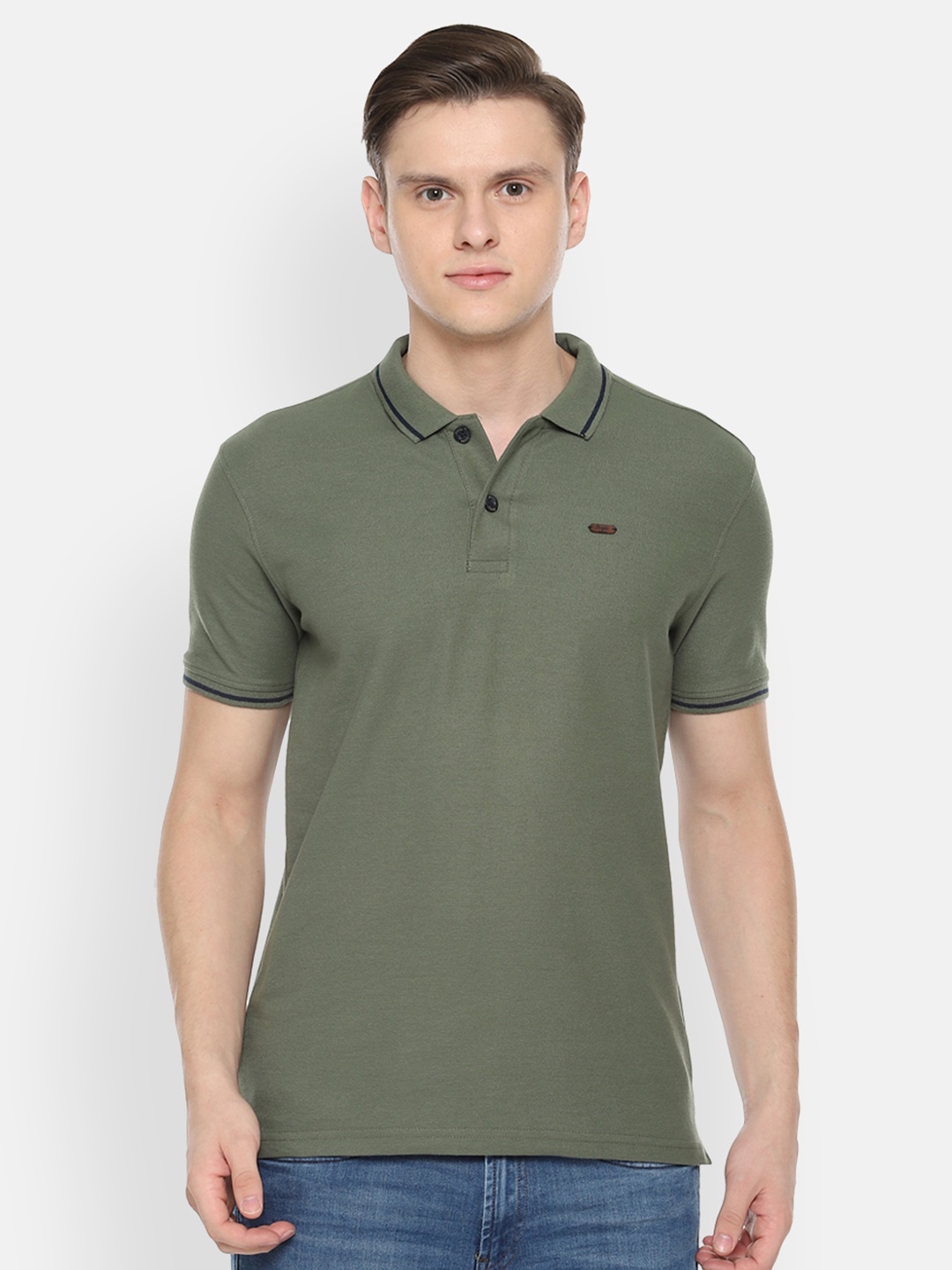 

People Men Green Solid Polo Collar T-shirt