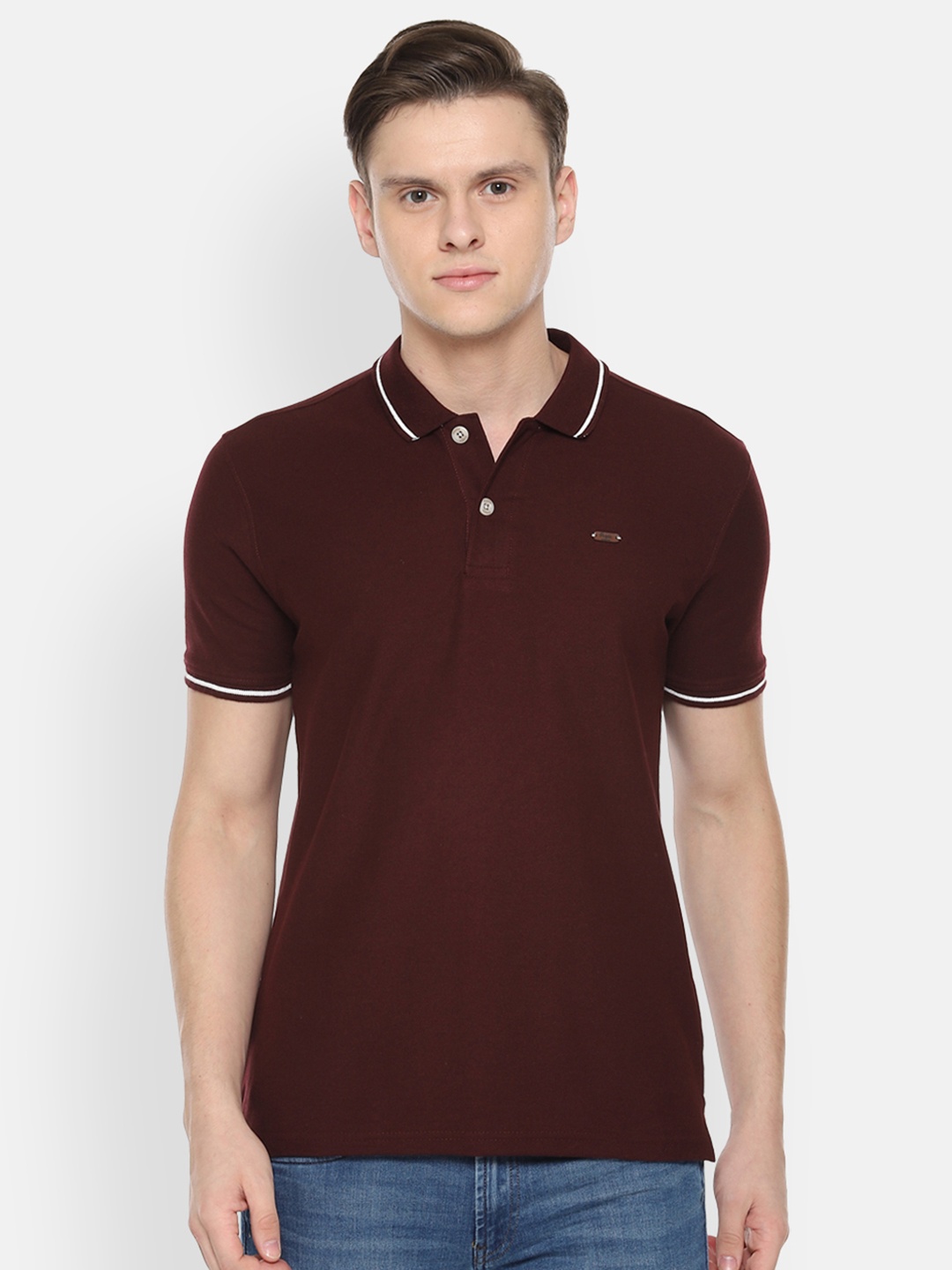 

People Men Brown Solid Polo Collar T-shirt