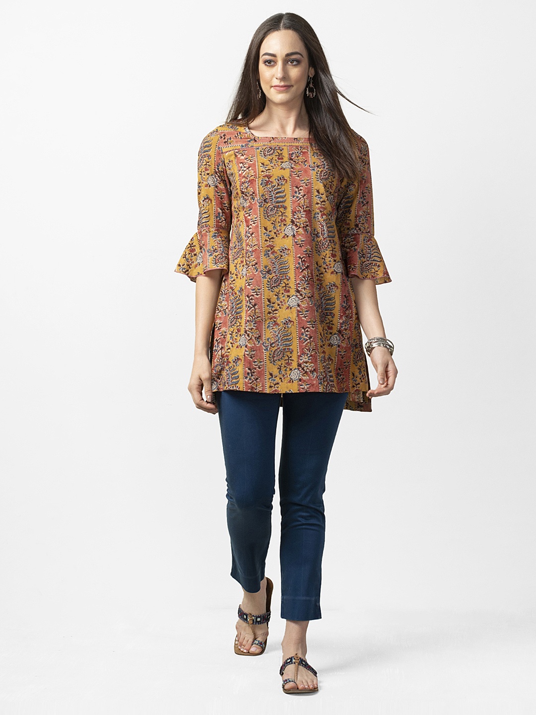 

Fabindia Mustard Yellow & Rust Red Hand-Block Print Tunic