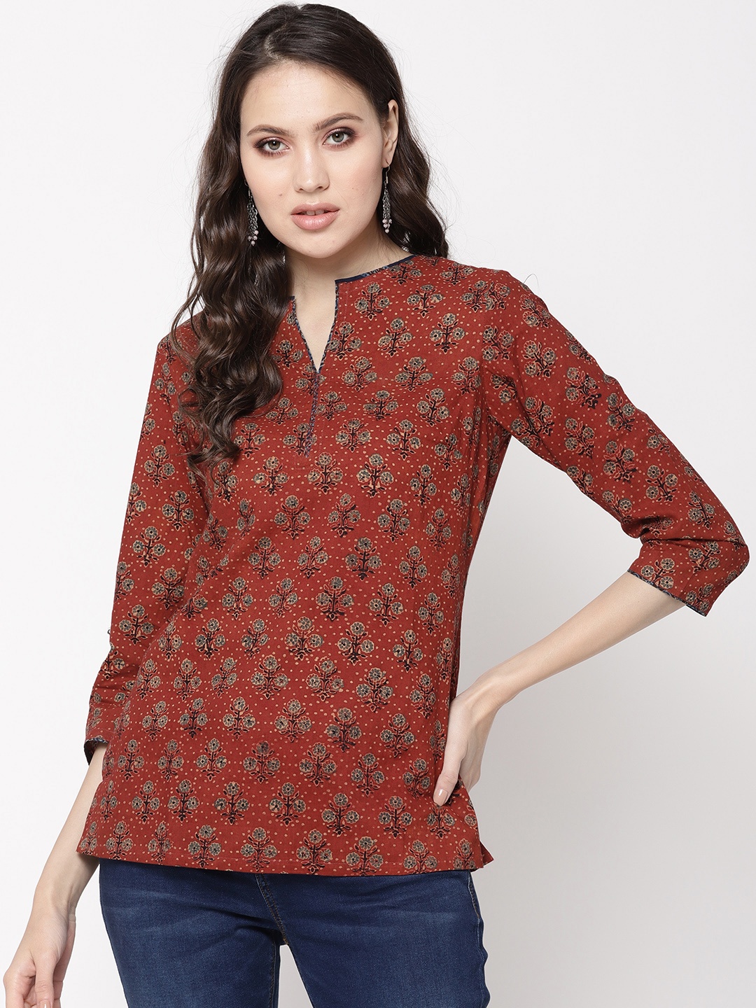 

Fabindia Women Rust Red & Green Ajrakh Print Pure Cotton Straight Kurti
