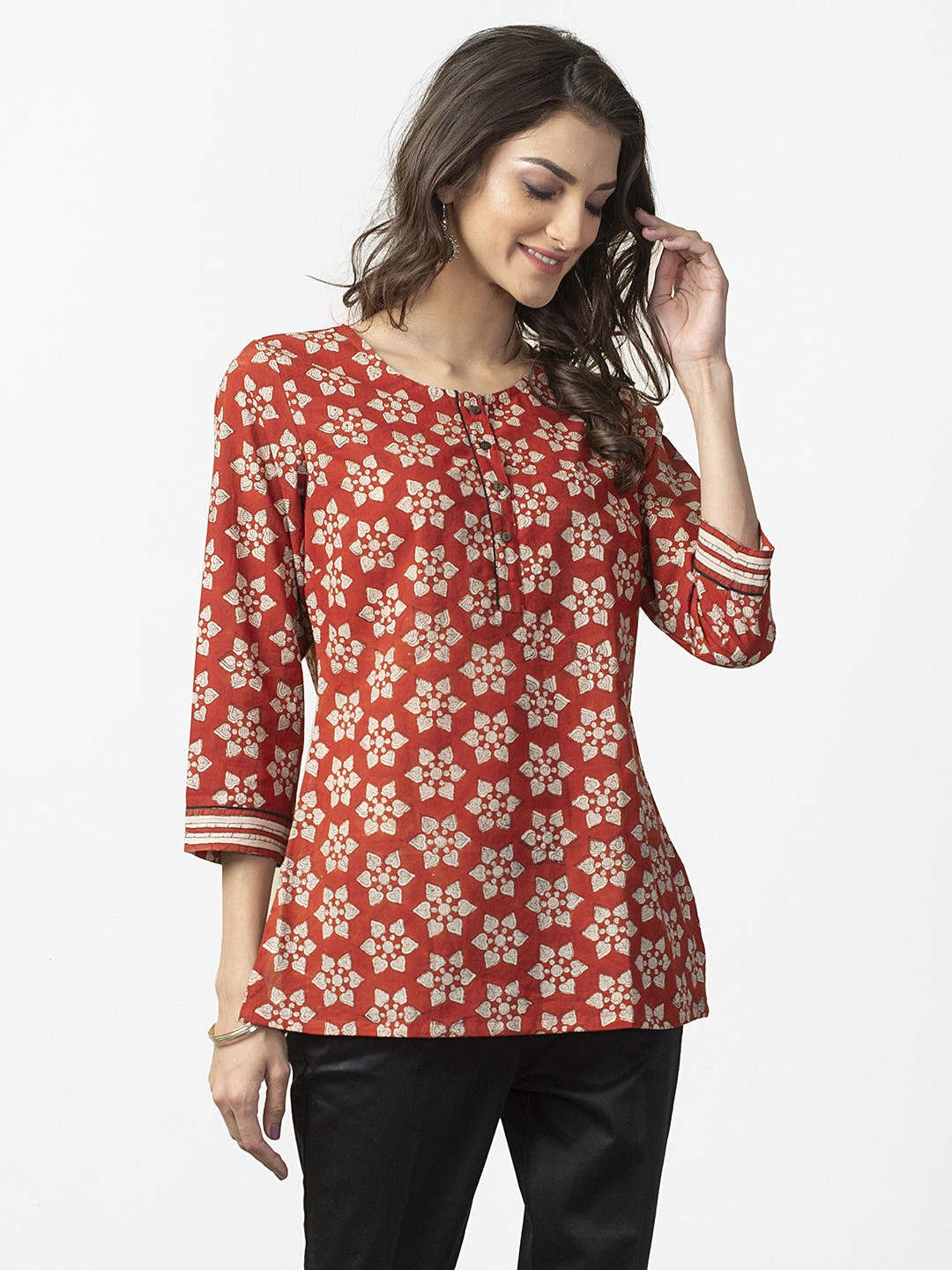 

Fabindia Women Rust Red & Off-White Handblock Bagru Printed Pure Cotton Kurti