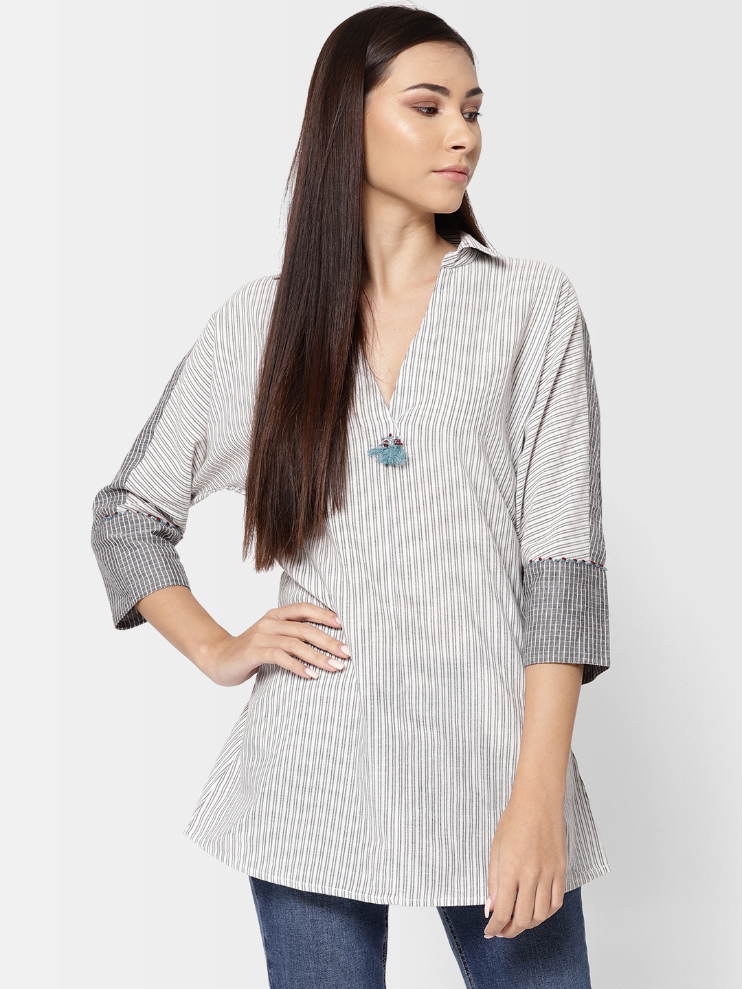 

Fabindia Women Off-White & Grey Striped Tunic