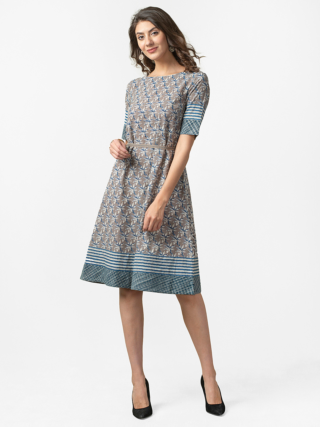 

Fabindia Women Grey Printed Dabu A-Line Dress
