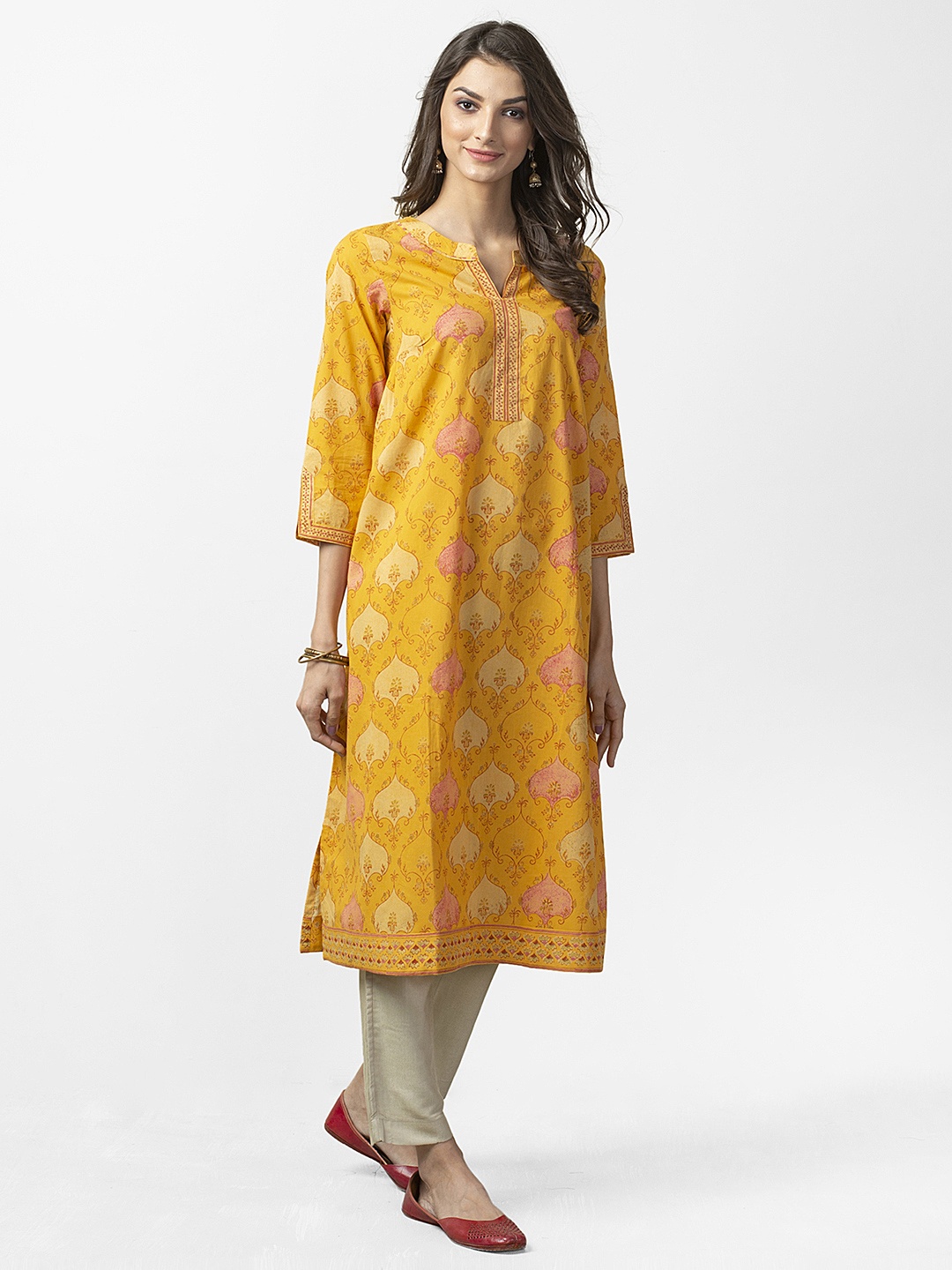 

Fabindia Women Mustard Yellow & Pink Handblock Print Slim Fit Straight Kurta