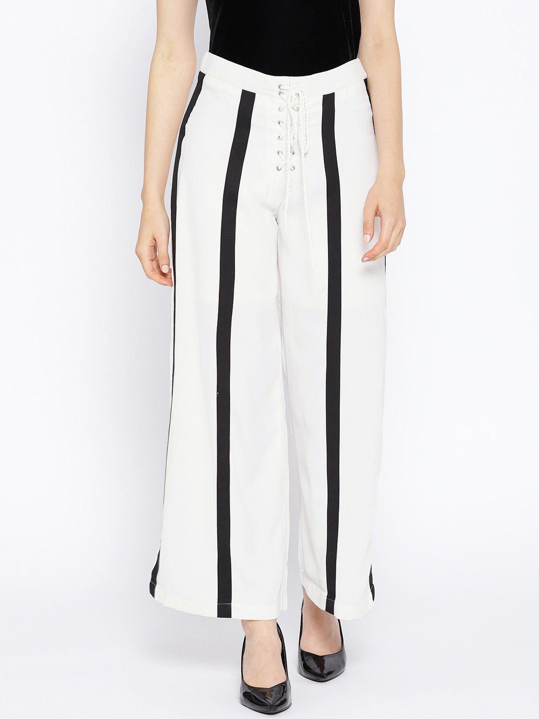 

DODO & MOA Women Off-White & Black Striped Parallel Trousers