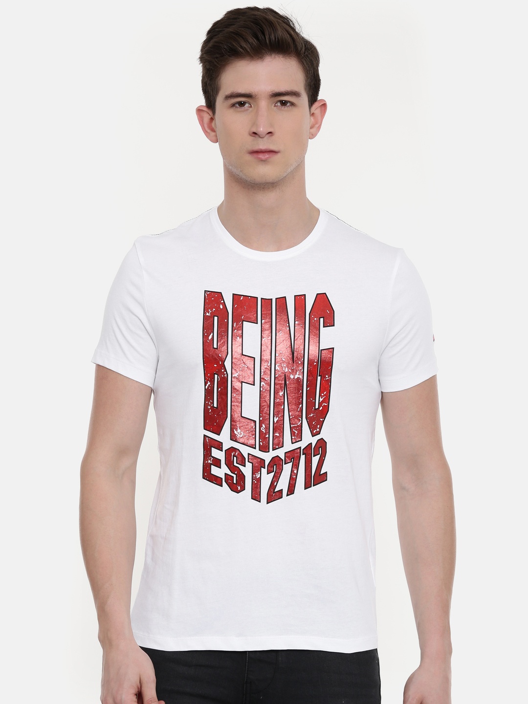 

Being Human Men White Printed Round Neck Pure Cotton T-shirt