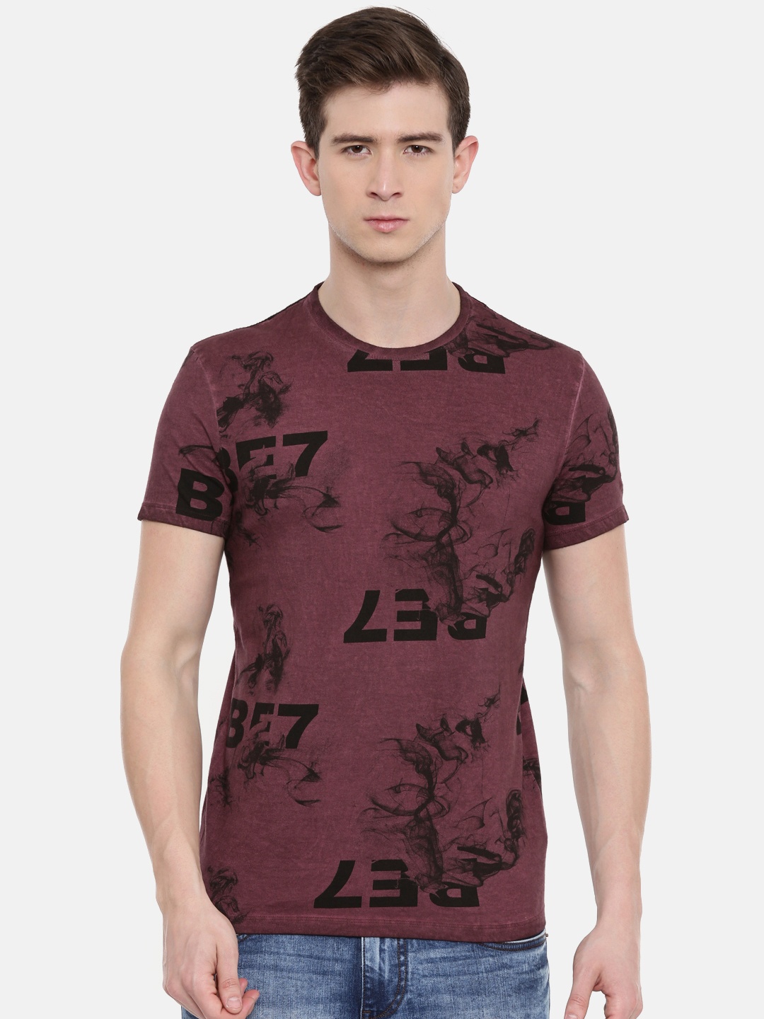 

Being Human Men Burgundy Printed Round Neck Pure Cotton T-shirt