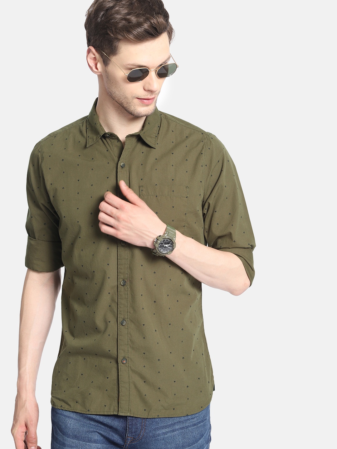 SINGLE Men Olive Green Slim Fit Printed Casual Shirt