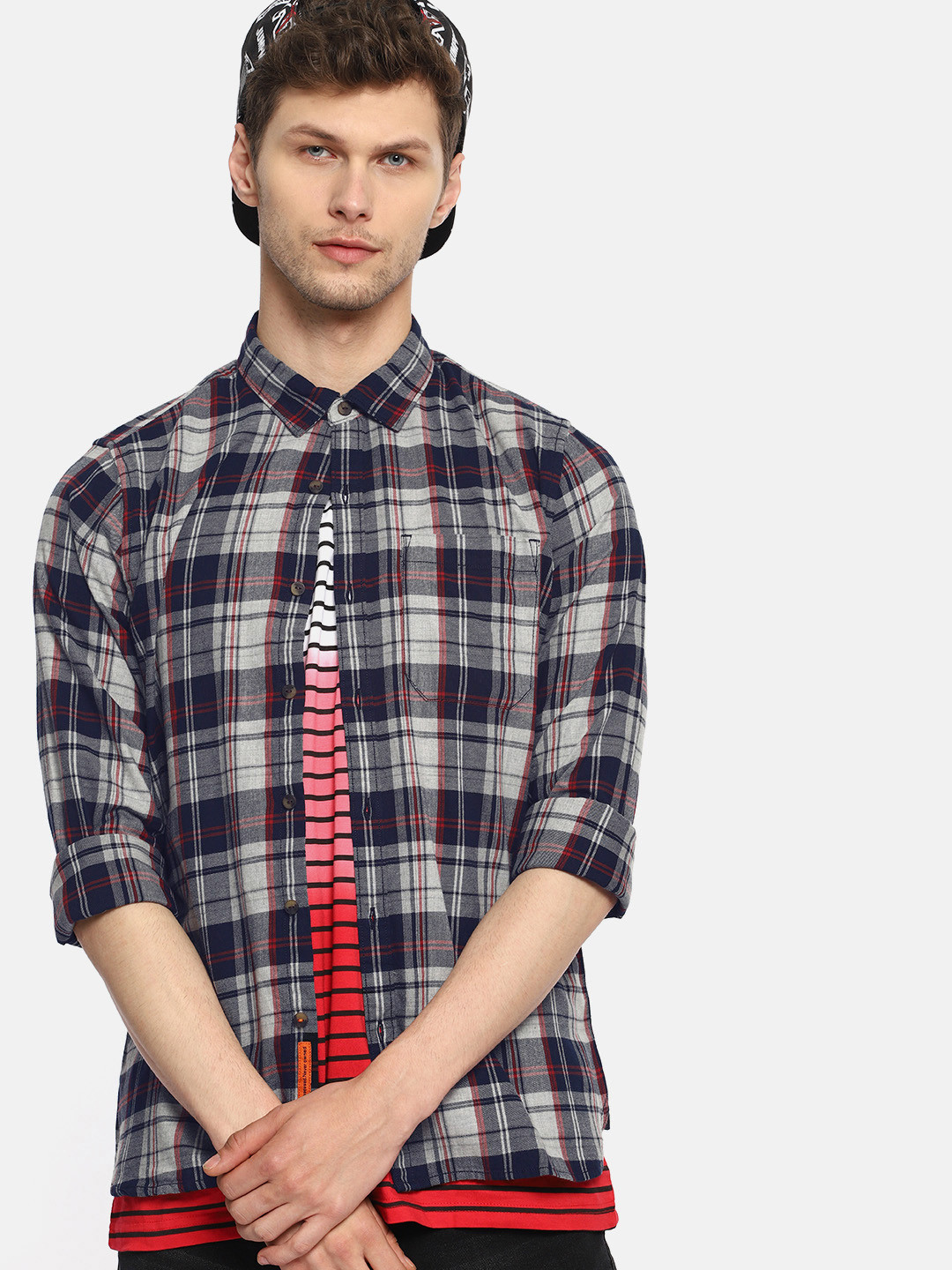 

SINGLE Men Navy Blue & Grey Slim Fit Checked Casual Shirt