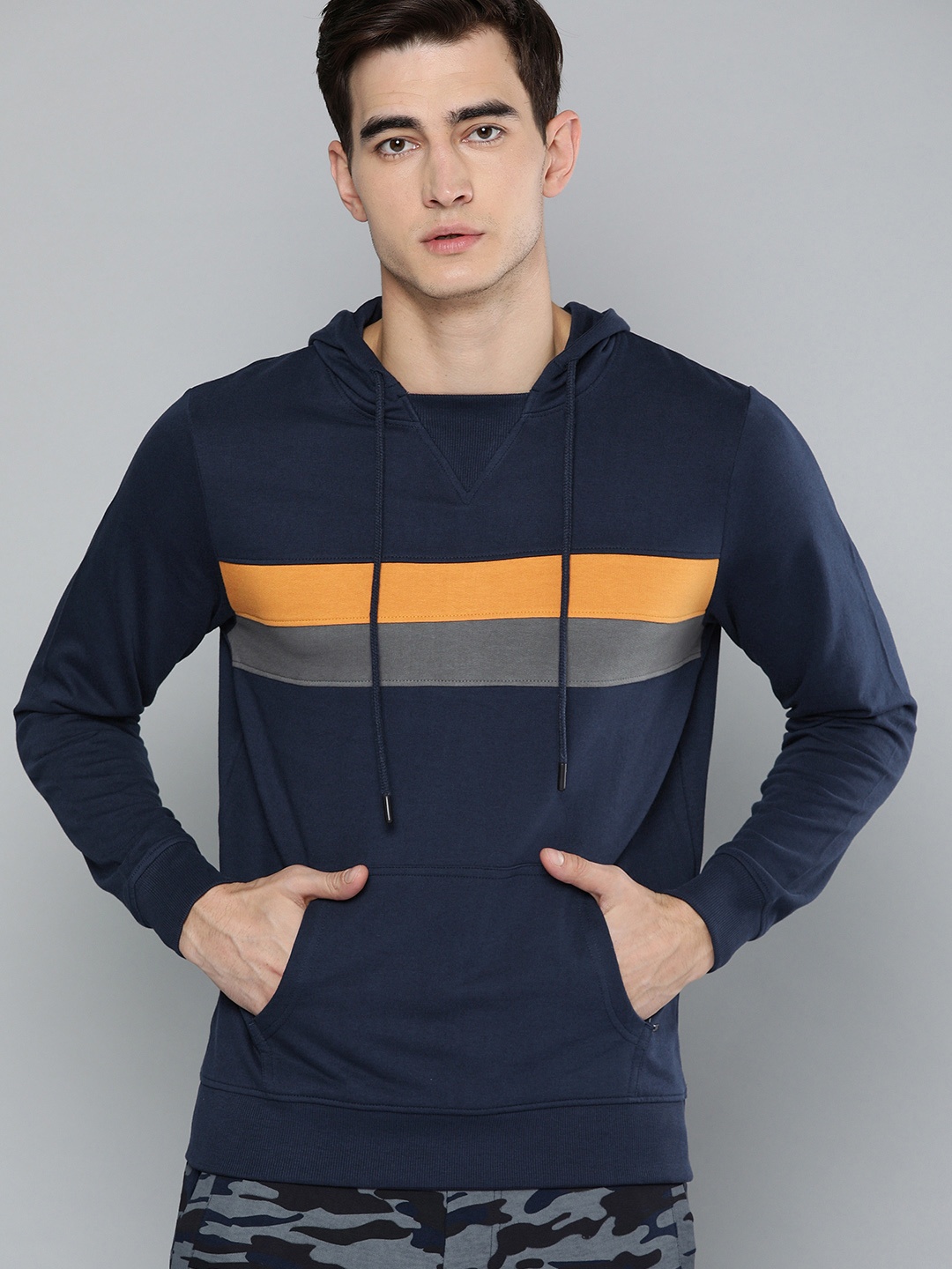 

SINGLE Men Navy Blue & Mustard Yellow Colourblocked Hooded Sweatshirt