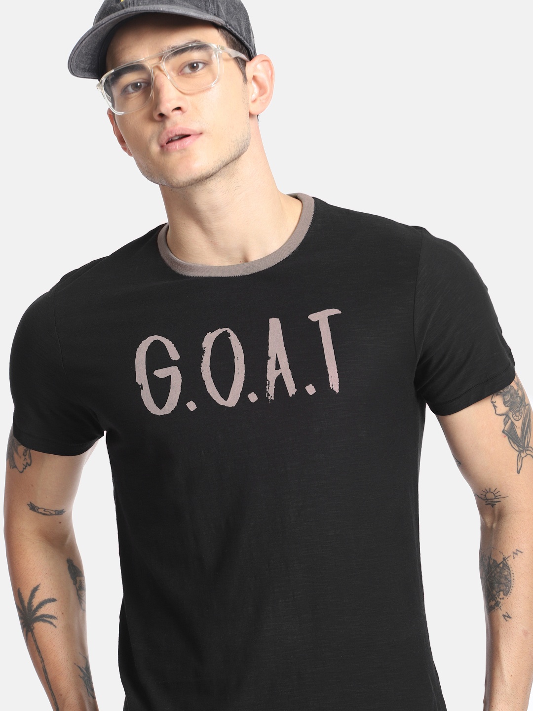 

SINGLE Men Black Printed Round Neck Pure Cotton T-shirt