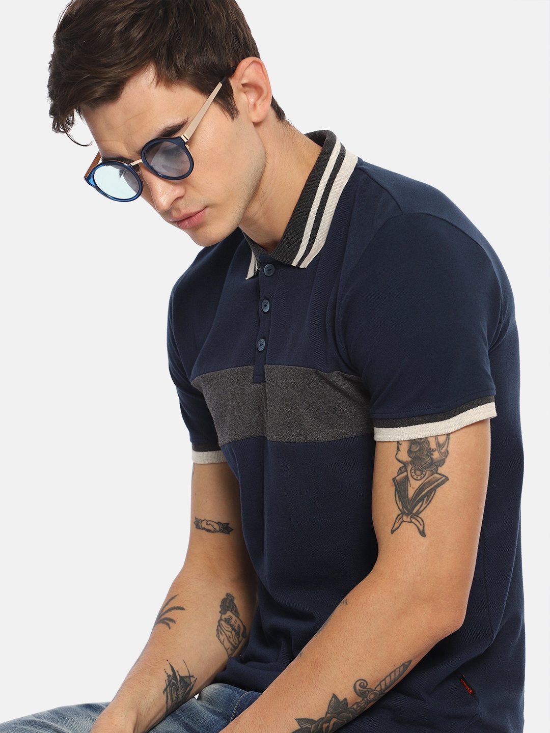 

SINGLE Men Navy Blue Charcoal Grey Colourblocked Polo Collar Pure Cotton T-shirt