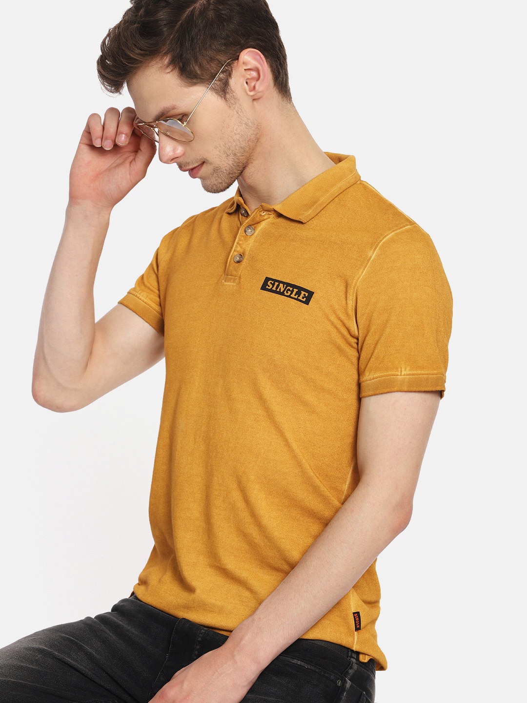 

SINGLE Men Mustard Yellow Solid Polo Collar Pure Cotton T-shirt