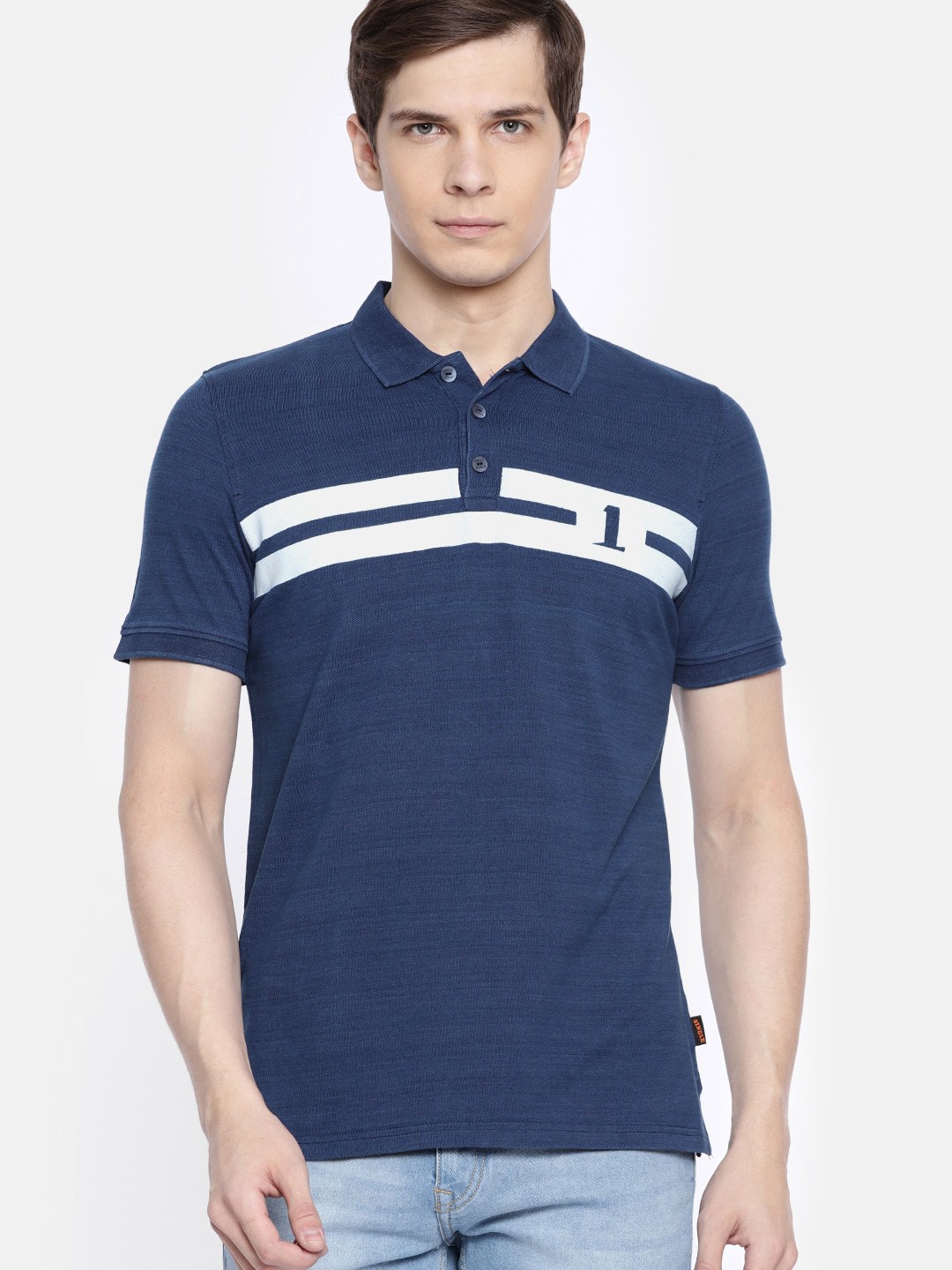 

SINGLE Men Blue Striped Polo Collar Pure Cotton T-shirt