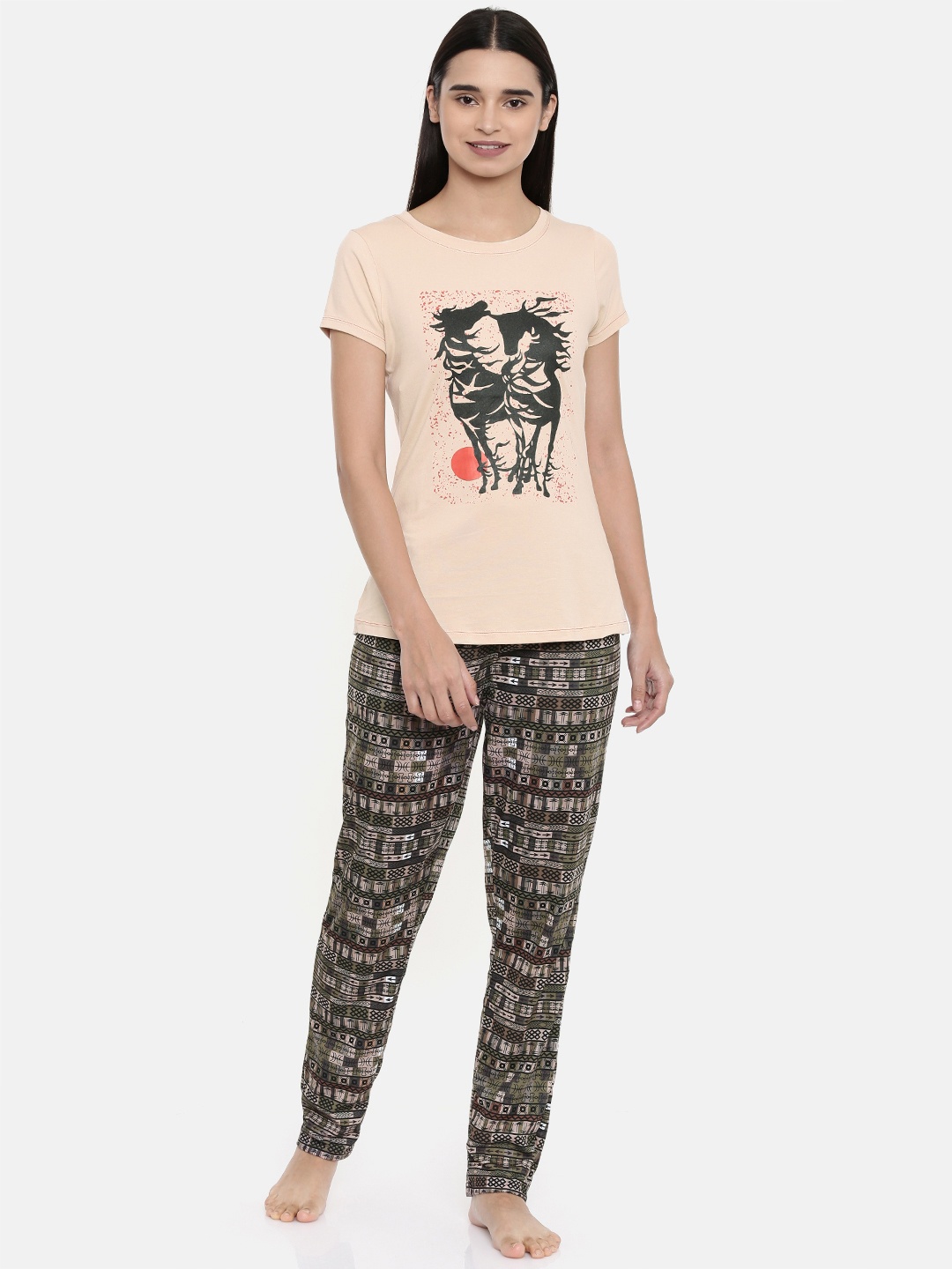 

Sweet Dreams Women Beige & Olive Green Printed Night suit