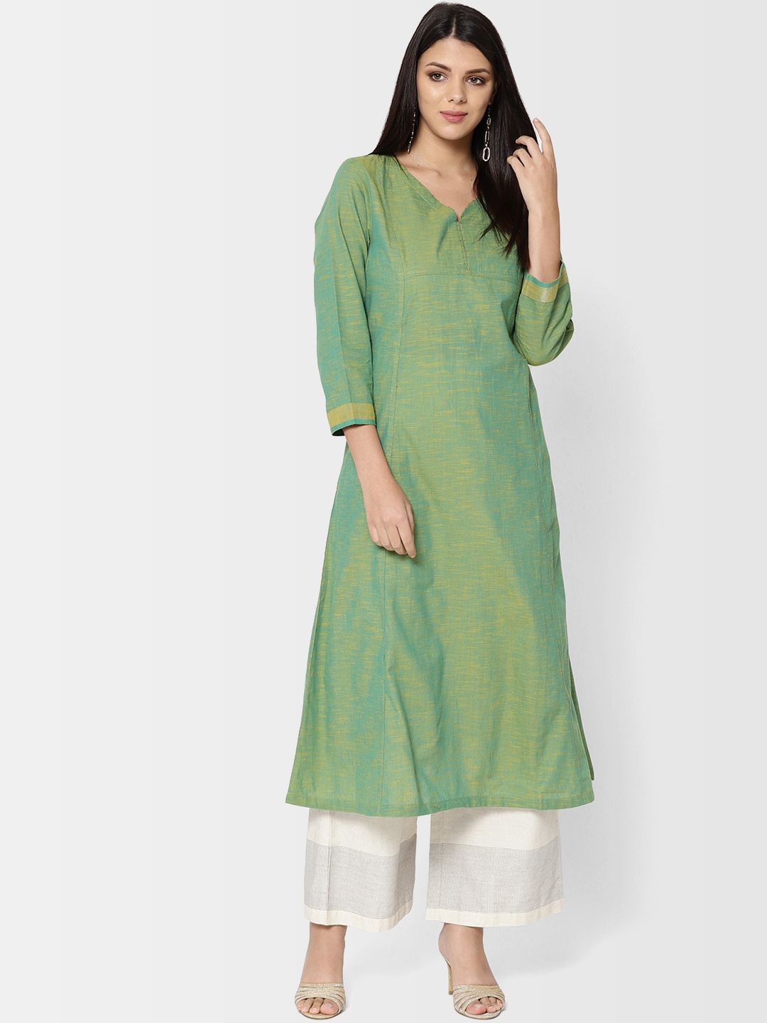 

Fabindia Women Green & Blue Dual-Toned Woven Design A-Line Kurta