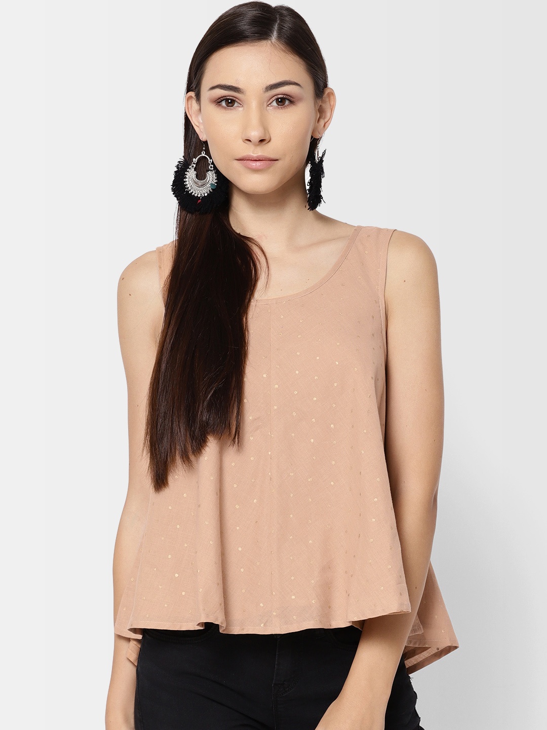 

Fabindia Women Peach-Coloured & Golden Hand-Block Printed A-Line Pure Cotton Top