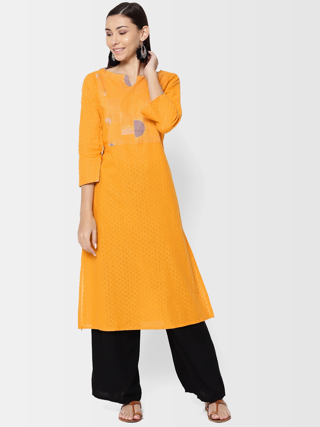 

Fabindia Women Mustard Yellow Dobby Woven Design Straight Kurta