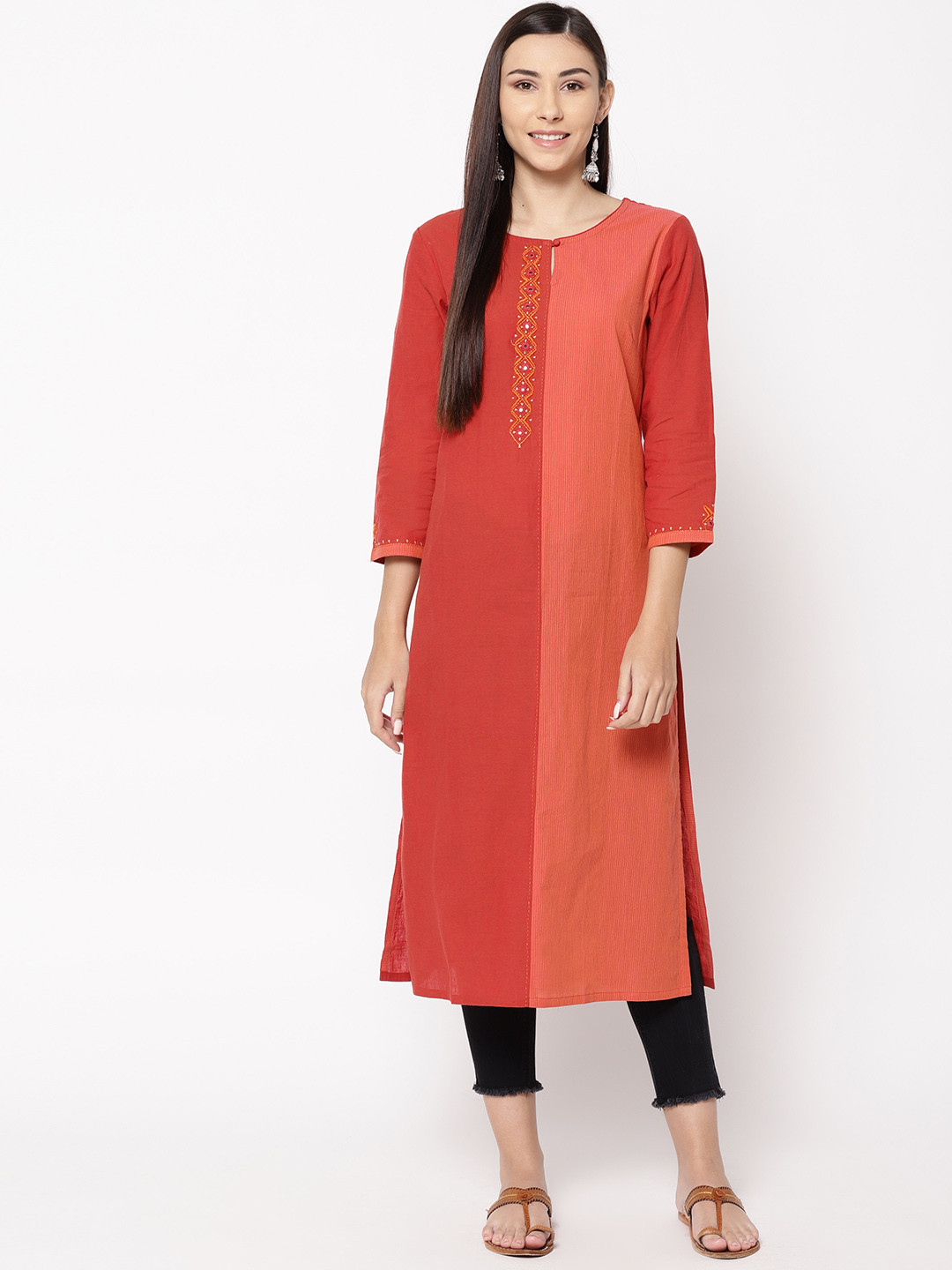 

Fabindia Women Orange Colourblocked Hand-Embroidered Straight Kurta