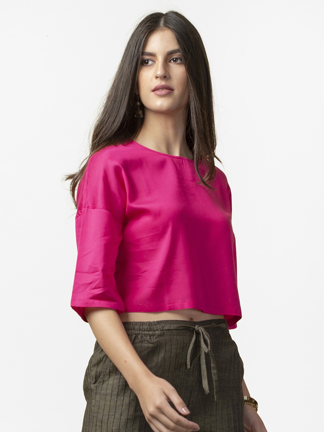 

Fabindia Women Pink Solid Crop Boxy Top