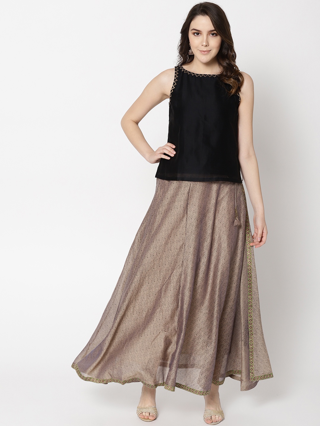 

Fabindia Women Black & Beige Solid Top with Skirt