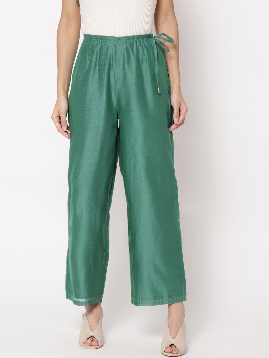 

Fabindia Women Green Solid Straight Palazzos