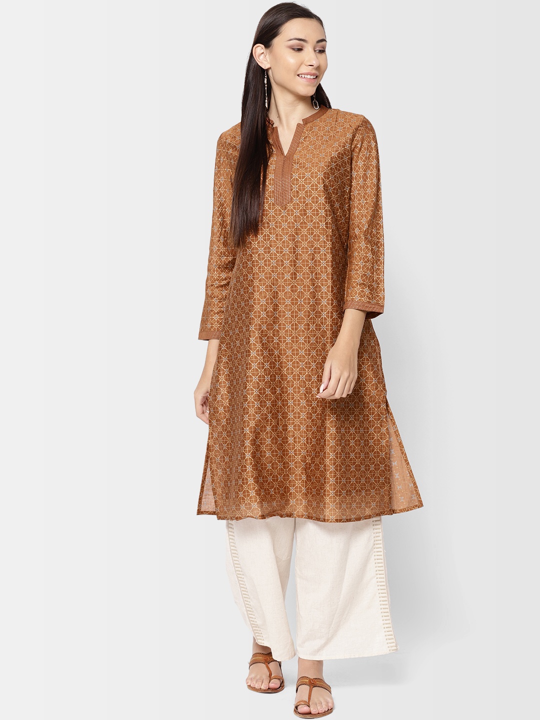 

Fabindia Women Brown & Golden Printed Straight Kurta