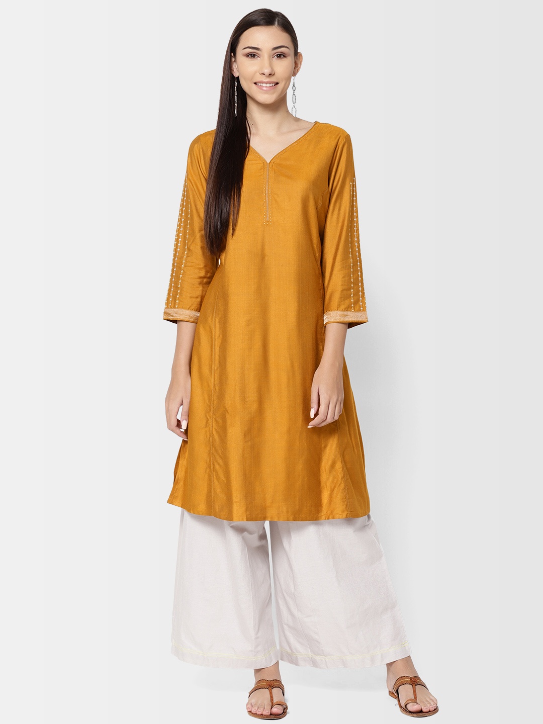 

Fabindia Women Mustard Yellow Solid Straight Kurta