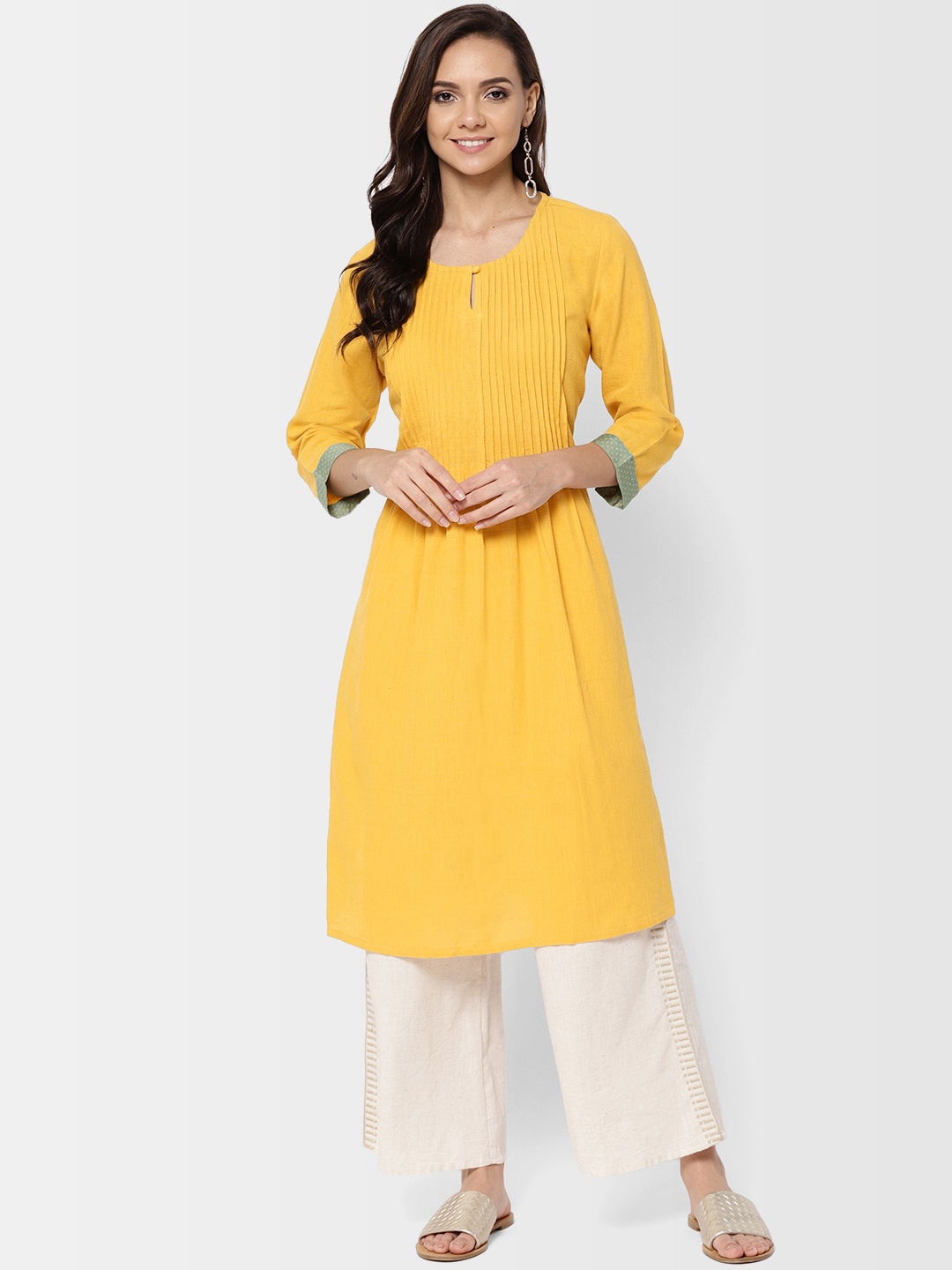 

Fabindia Women Yellow Solid Handwoven Straight Kurta