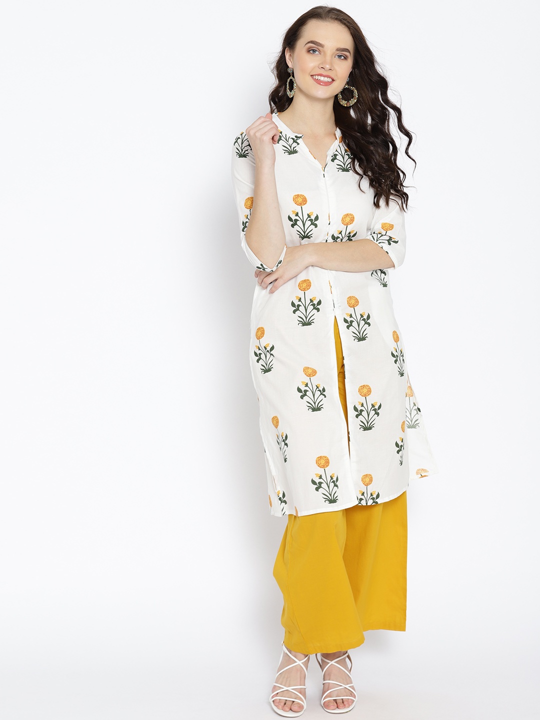 

HERE&NOW Women Off-White & Mustard Yellow Floral Printed Straight Kurta