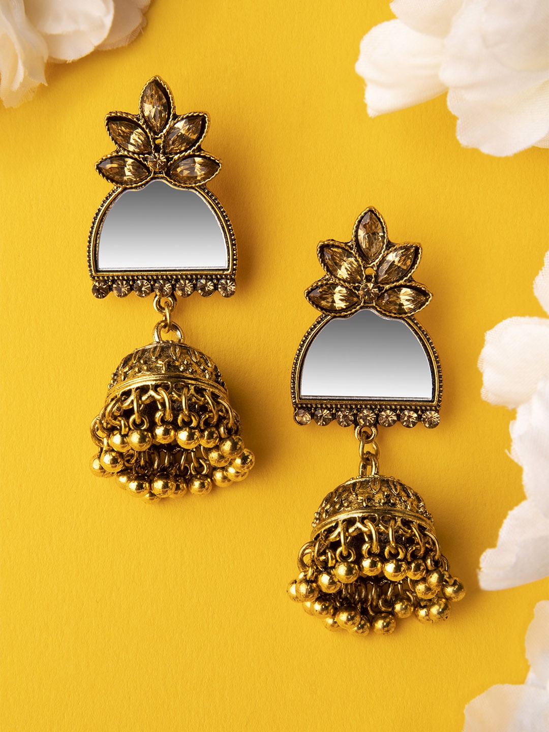 

Rubans Gold-Plated & White Dome Shaped Handcrafted Mirrored Jhumkas