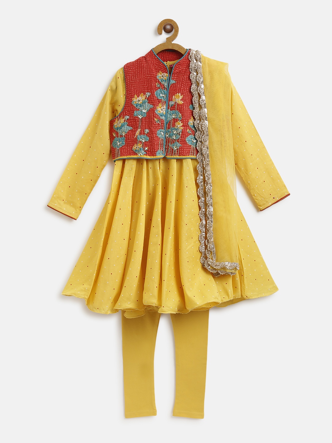 

Biba Girls Yellow & Red Printed Kurta with Churidar & Dupatta
