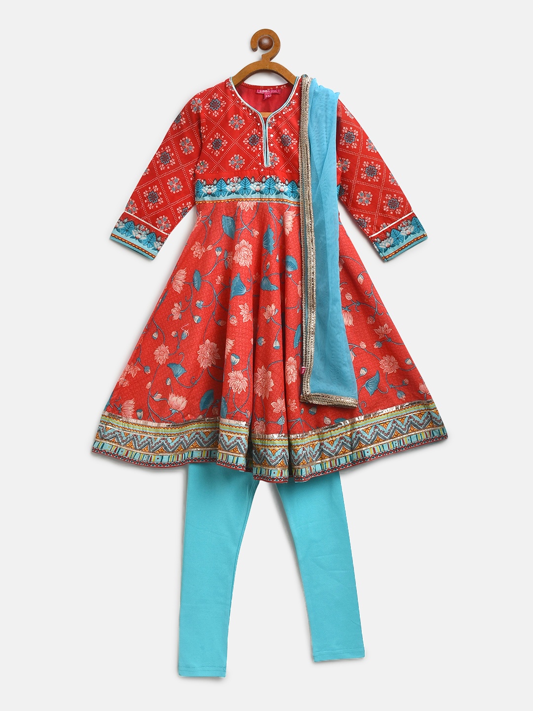 

Biba Girls Red & Blue Printed Kurta with Churidar & Dupatta