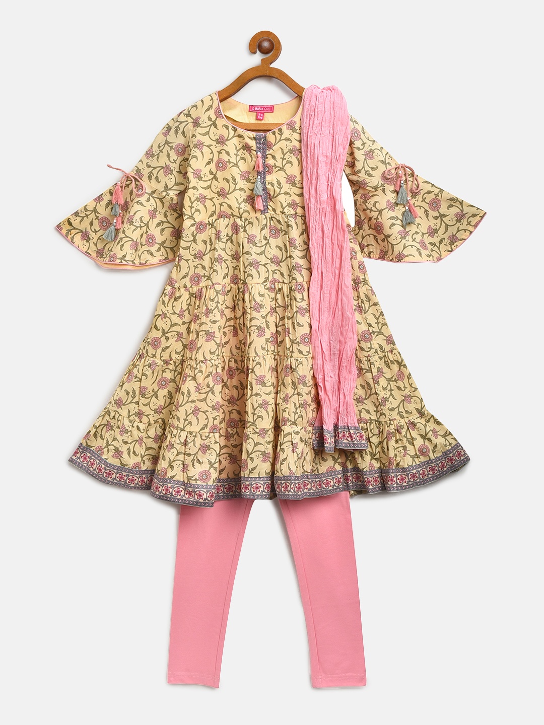 

Biba Girls Beige & Pink Printed Kurta with Churidar & Dupatta