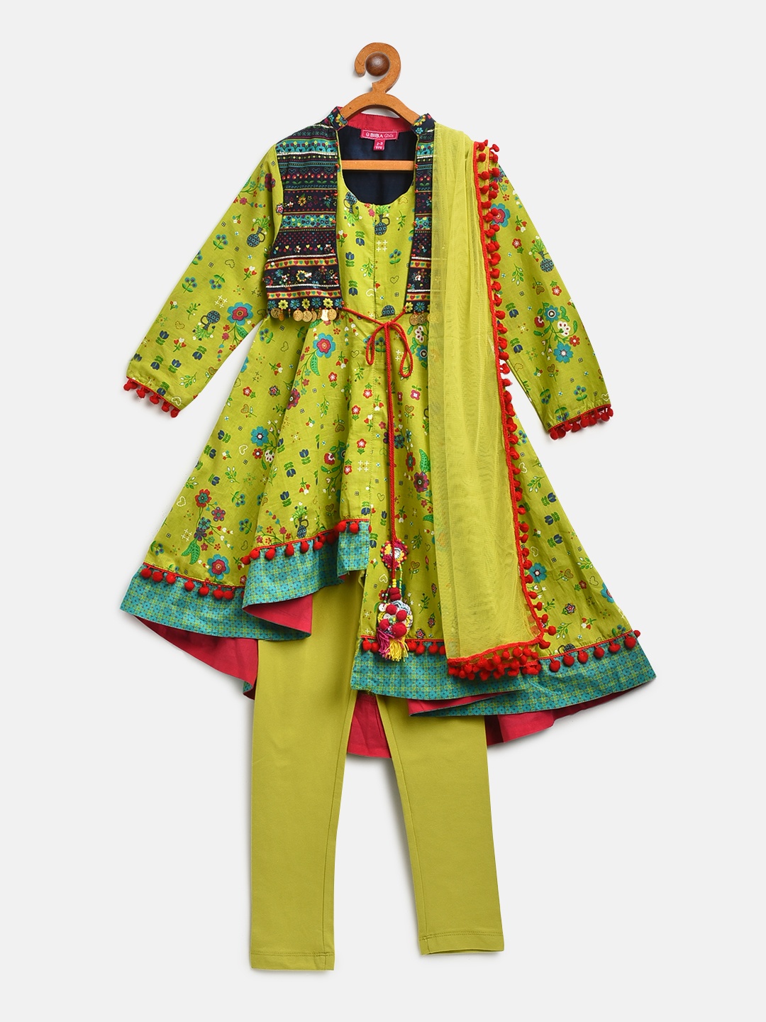 

Biba Girls Lime Green & Blue Printed Kurta with Churidar & Dupatta