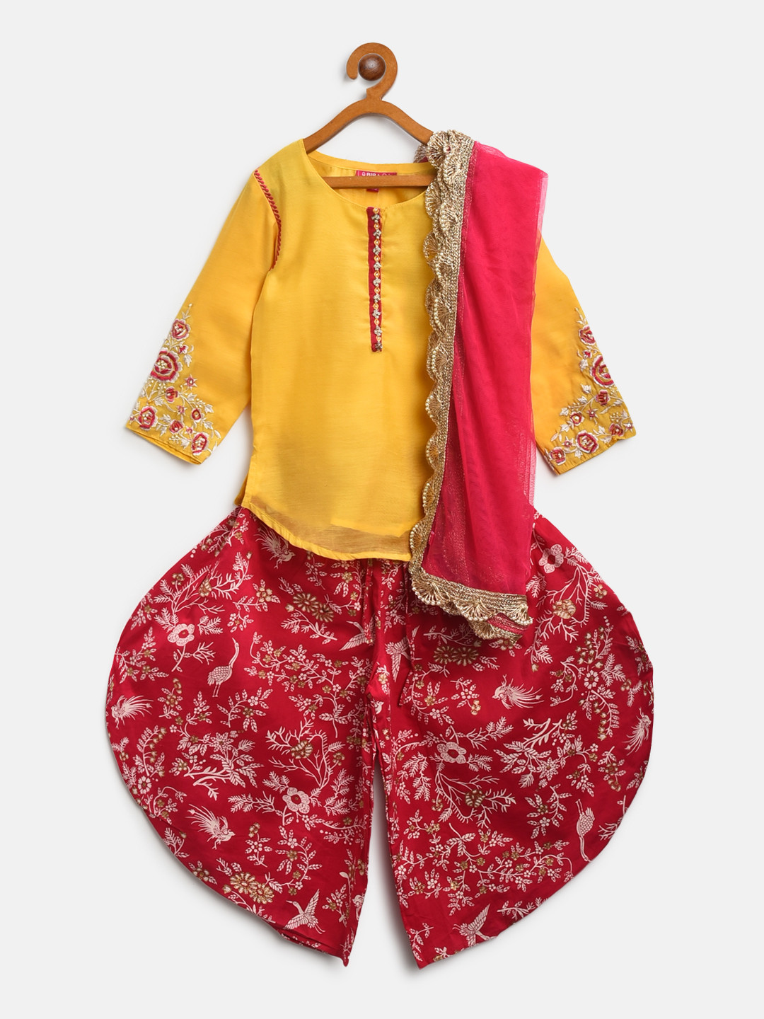 

Biba Girls Yellow & Fuchsia Pink Solid Kurti with Dhoti Pants & Dupatta