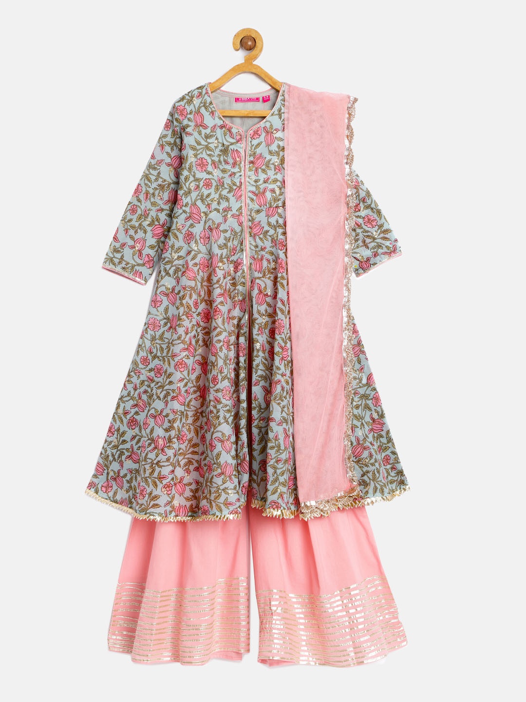 

Biba Girls Green & Pink Printed Kurta with Palazzos & Dupatta