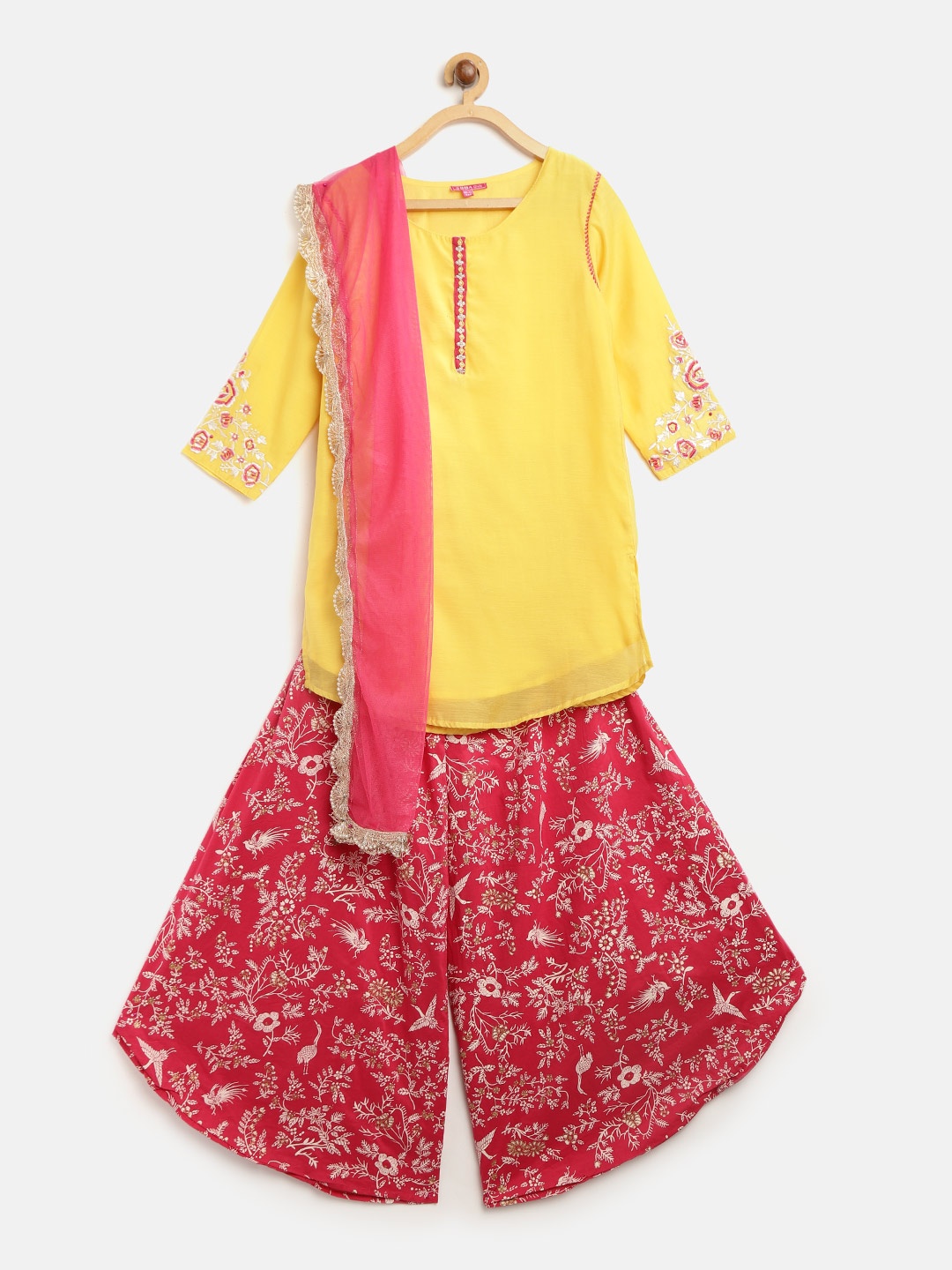 

Biba Girls Yellow & Pink Solid Kurta with Palazzos & Dupatta