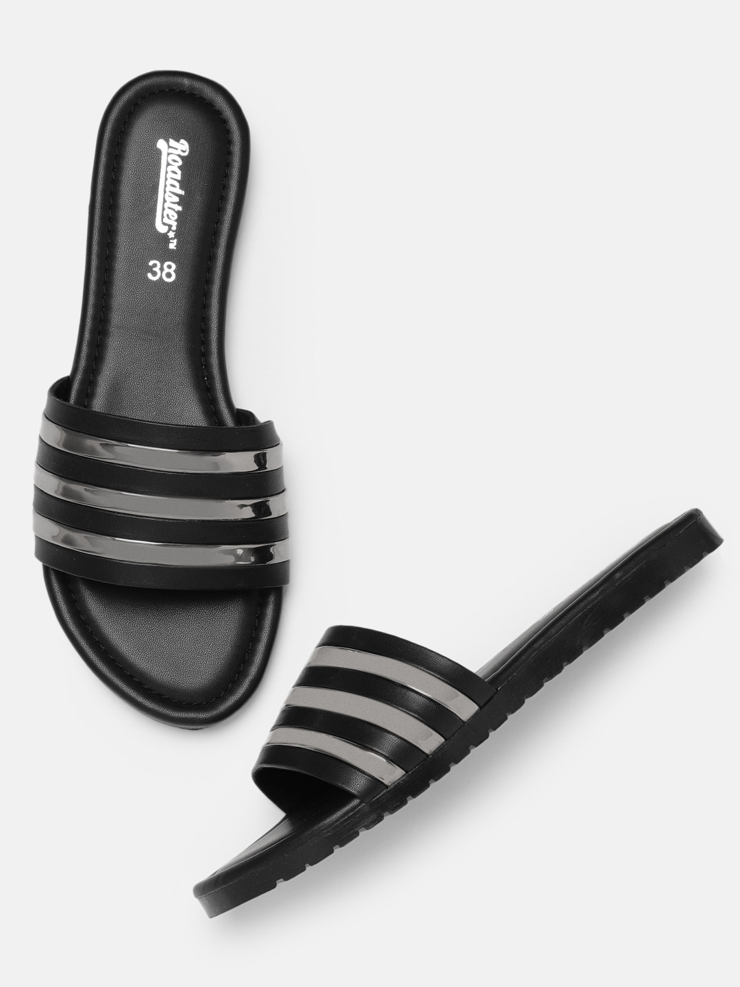 

The Roadster Lifestyle Co Women Black & Metallic Textured Open Toe Flats