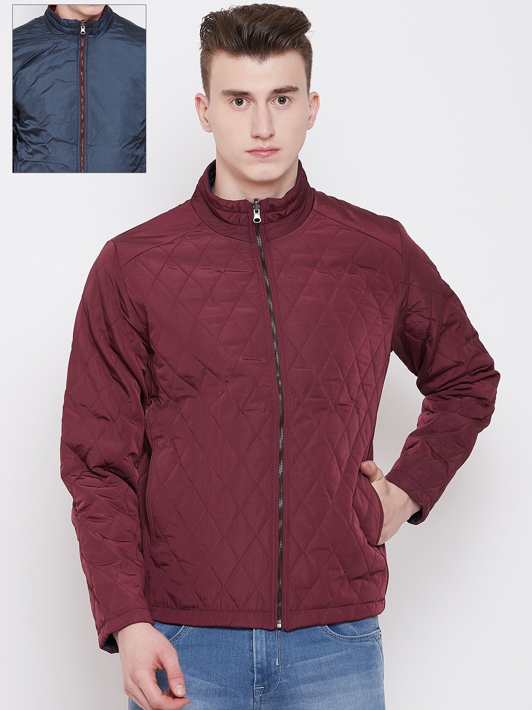 

Pierre Carlo Men Maroon & Navy Solid Reversible Quilted Jacket