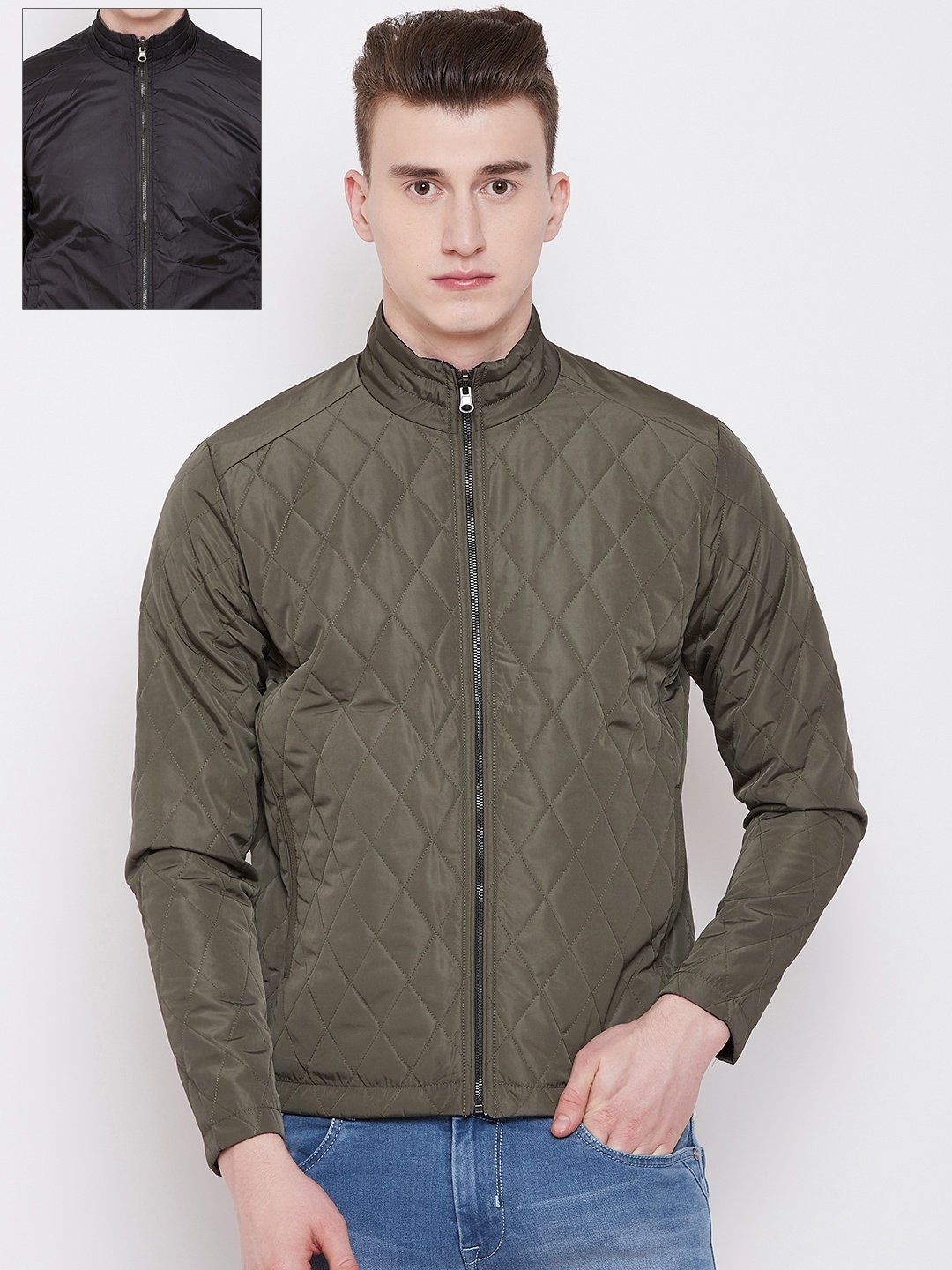 

Pierre Carlo Men Olive Green & Black Solid Reversible Quilted Jacket