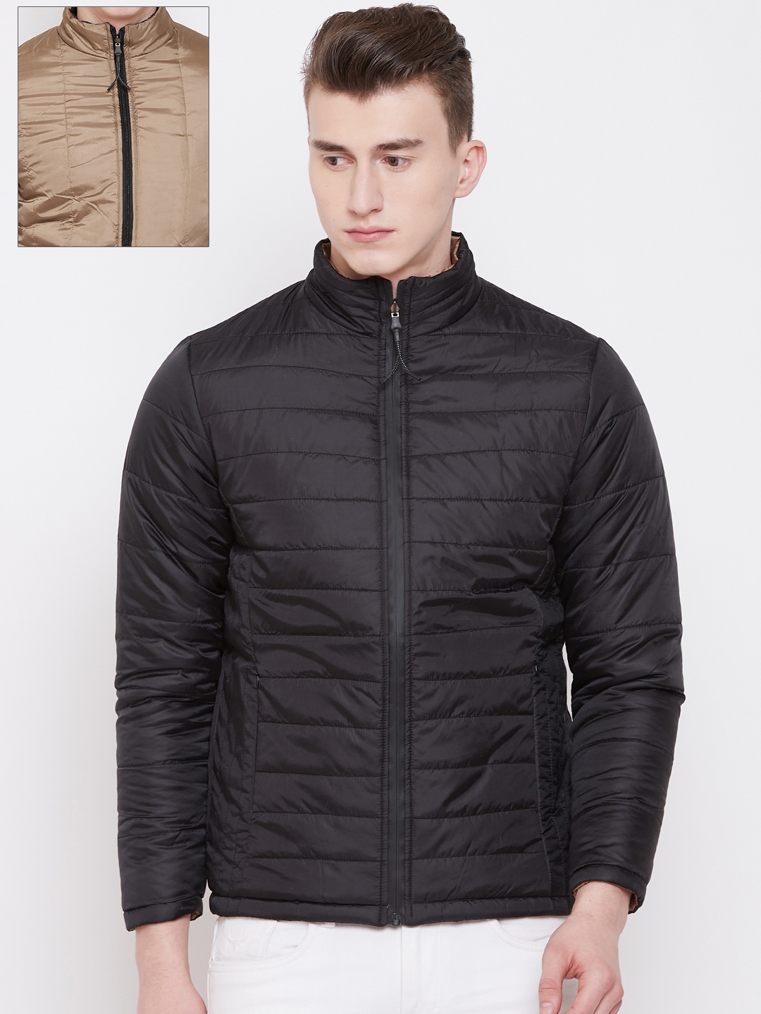 

Pierre Carlo Men Black & Beige Solid Reversible Padded Jacket